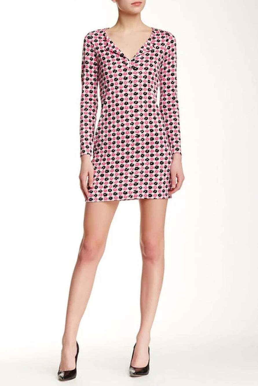 DVF Diane von Furstenberg Dress Reina Mini Long Sleeve Pink Black Tunic S 4